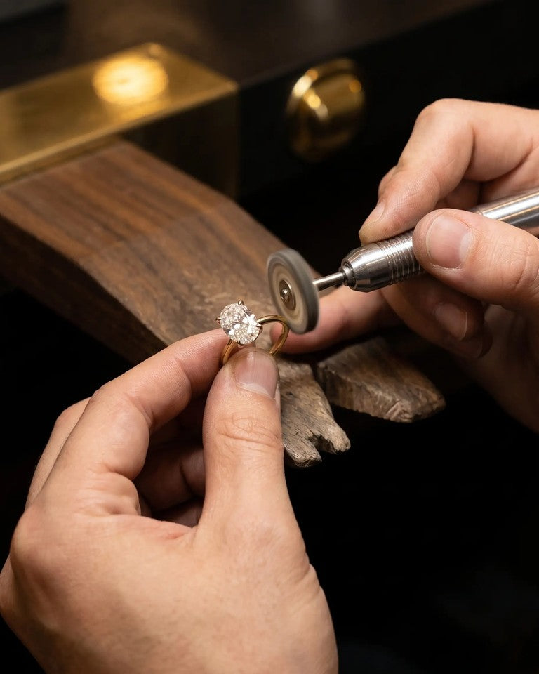 Polishing the gold band of a diamond ring at the bench