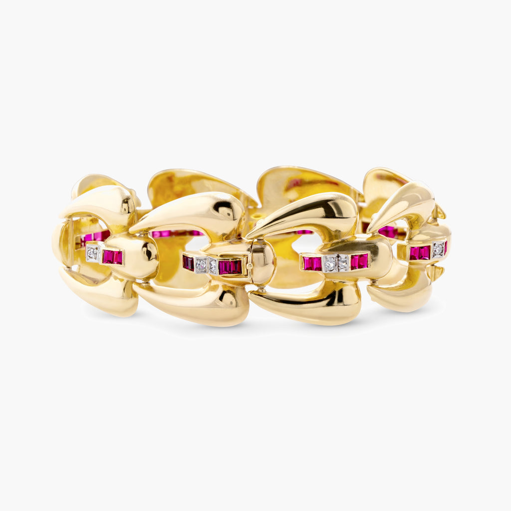 Retro-Style Synthetic Ruby and Diamond Link Bracelet