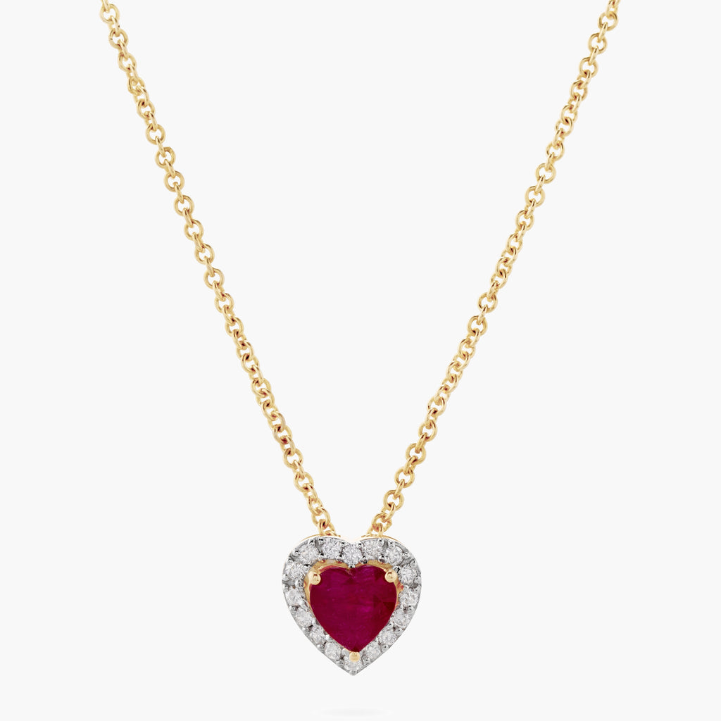 Ruby and Diamond Heart Halo Pendant Necklace