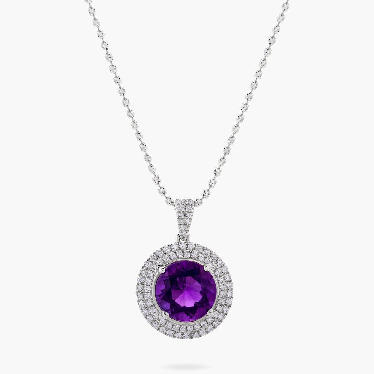 Amethyst and Diamond Double Halo Pendant Necklace
