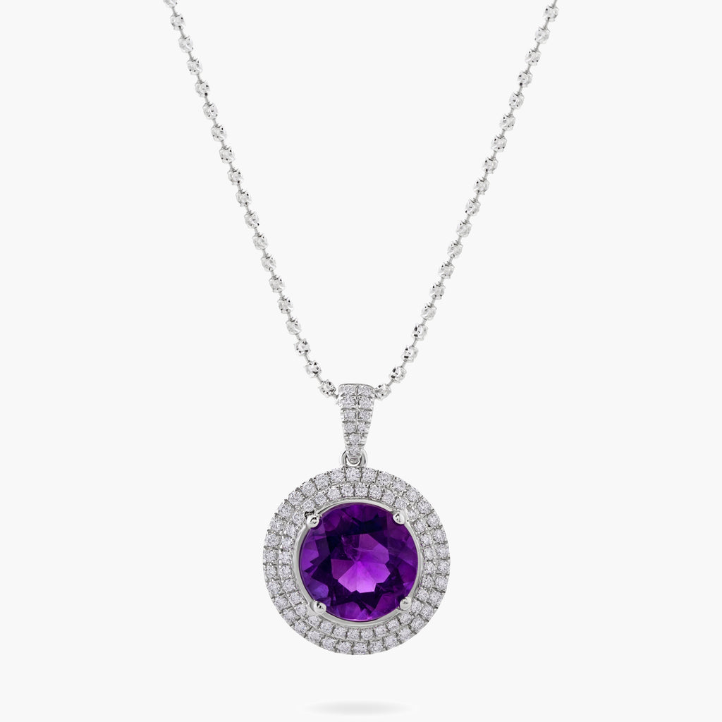 Amethyst and Diamond Double Halo Pendant Necklace