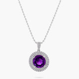 Amethyst and Diamond Double Halo Pendant Necklace