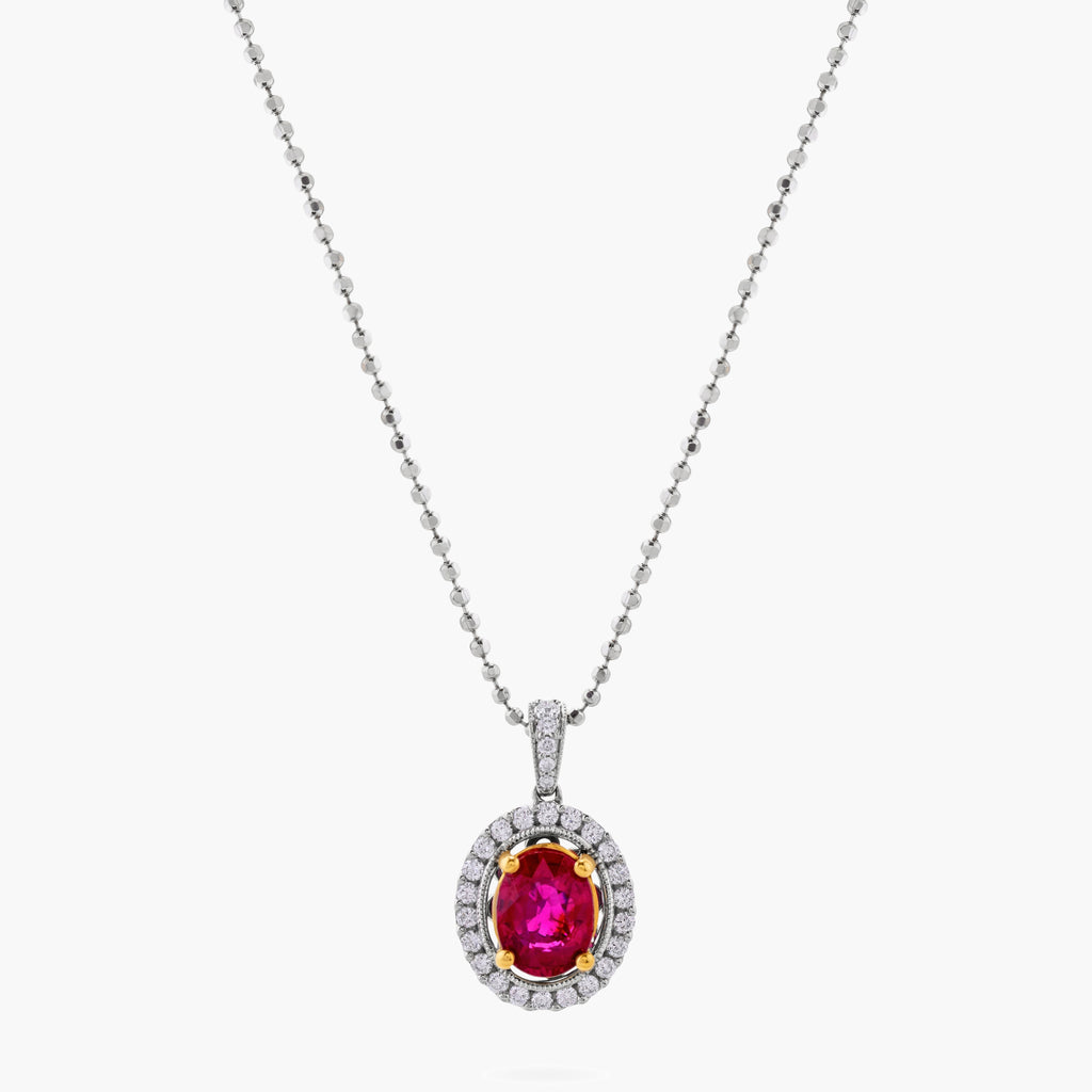 Ruby and Diamond Oval Halo Pendant Necklace