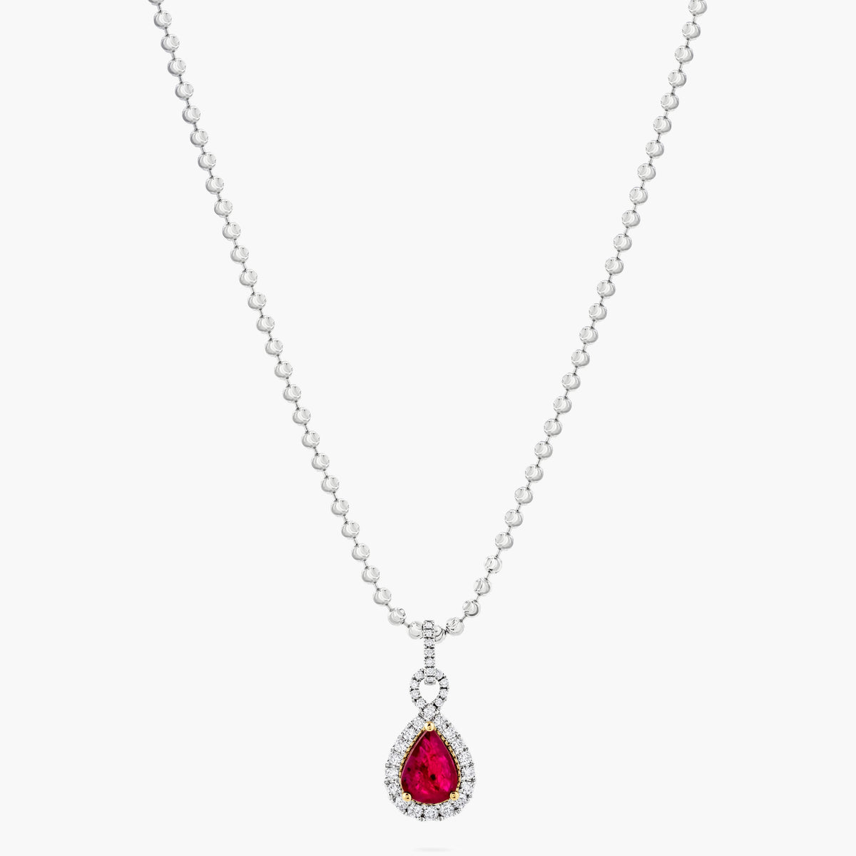 Ruby and Diamond Pear Halo Pendant Necklace