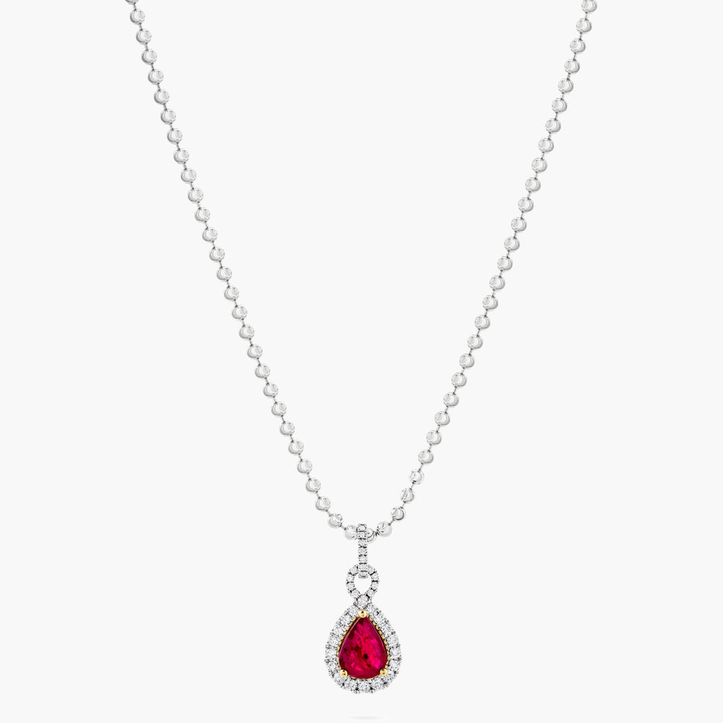 Ruby and Diamond Pear Halo Pendant Necklace