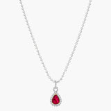 Ruby and Diamond Pear Halo Pendant Necklace