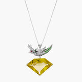 Lime Quartz, Emerald, Ruby and Diamond Bird Pendant Necklace