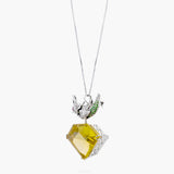 Lime Quartz, Emerald, Ruby and Diamond Bird Pendant Necklace