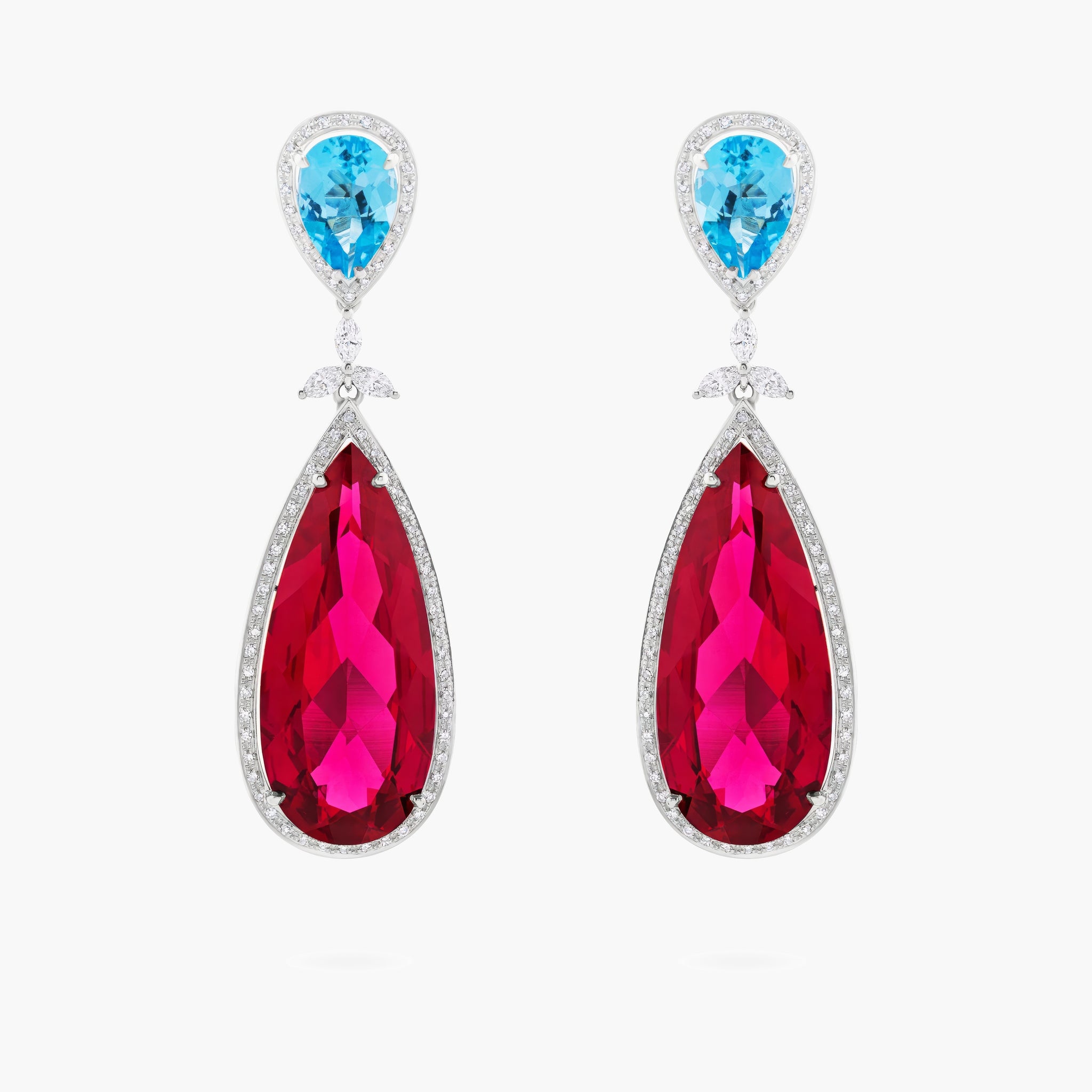 Blue topaz, synthetic chorundum and diamond drop earrings
