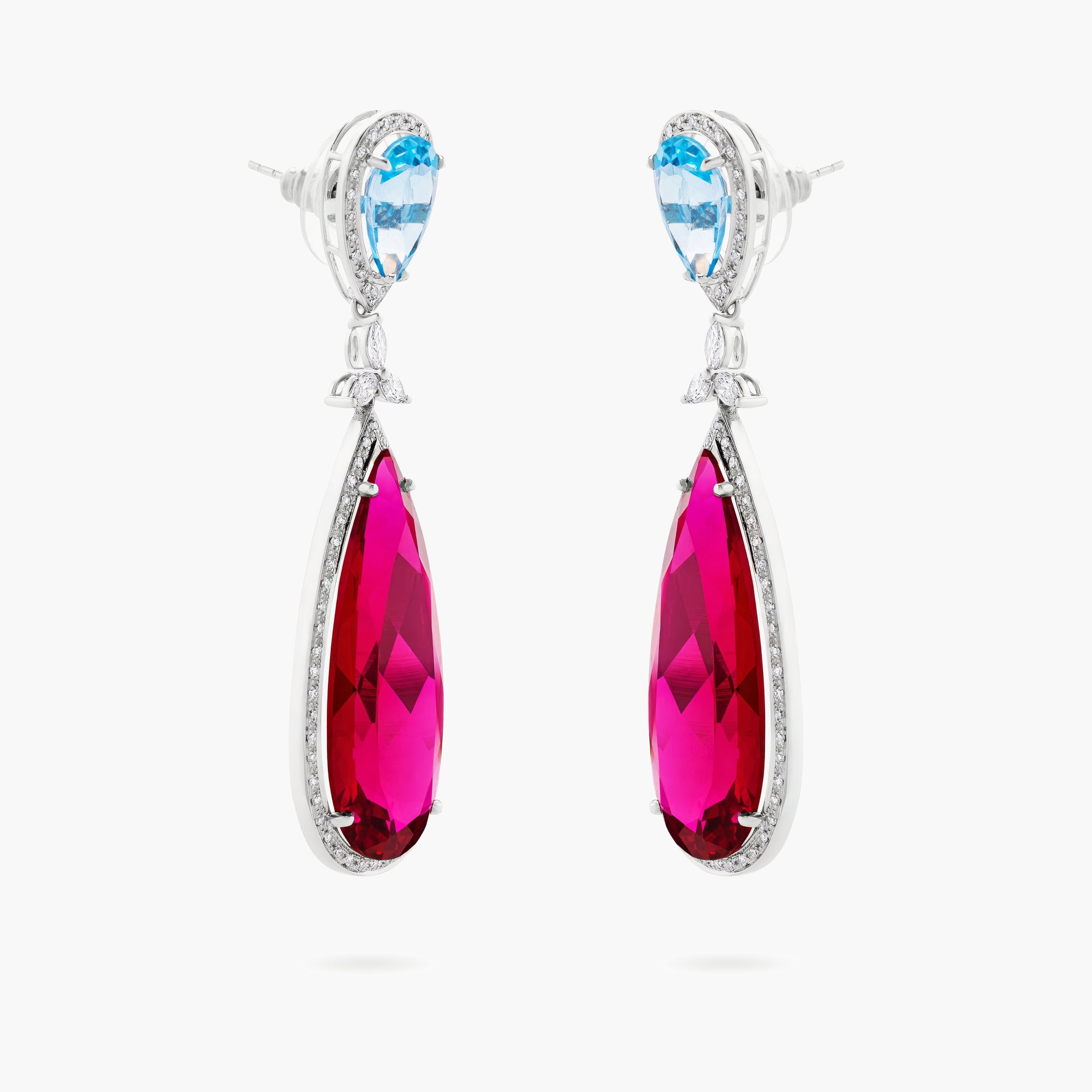 Blue topaz, synthetic chorundum and diamond drop earrings