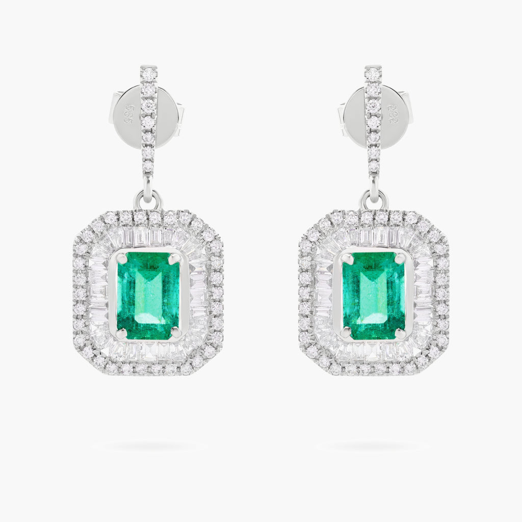Emerald and Diamond Double Halo Drop Earrings