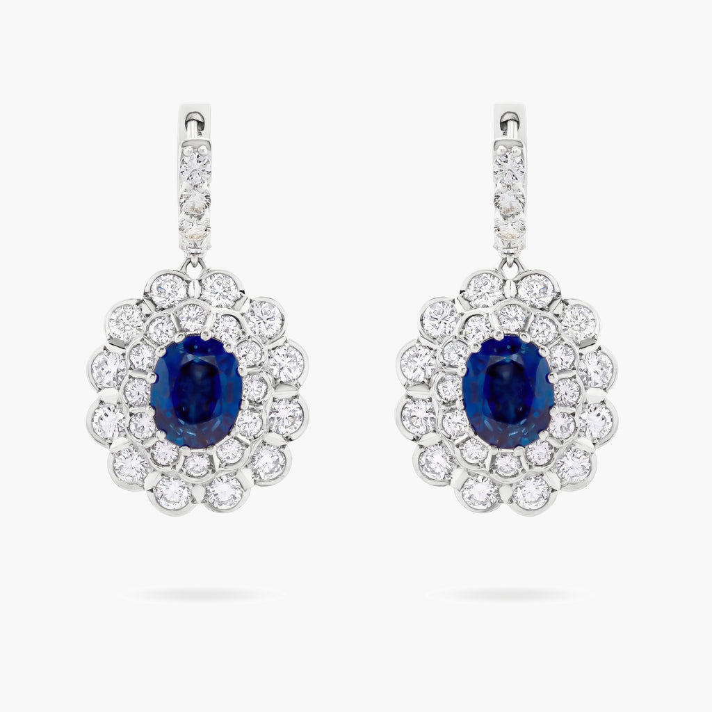 Sapphire and Diamond Double Halo Drop Earrings