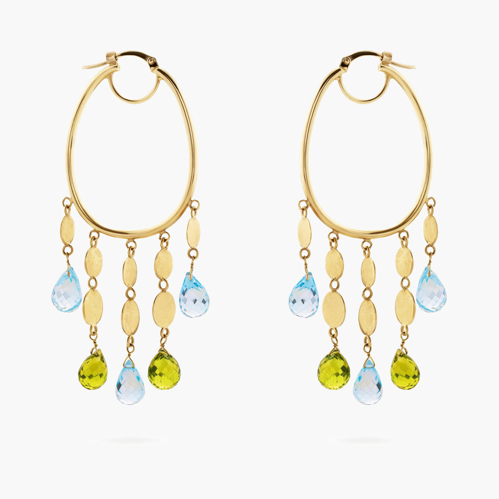 Blue Topaz and Peridot Tassel Hoop Earrings