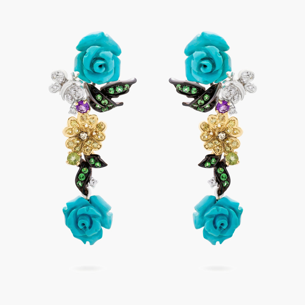 Carved Turquoise, Tsavorite and Diamond Flower Drop Earrings