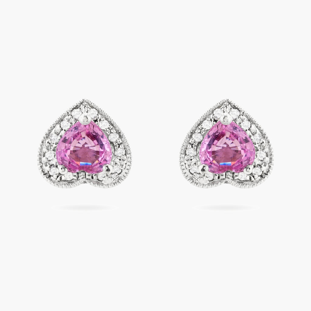 Pink Sapphire and Diamond Heart Stud Earrings
