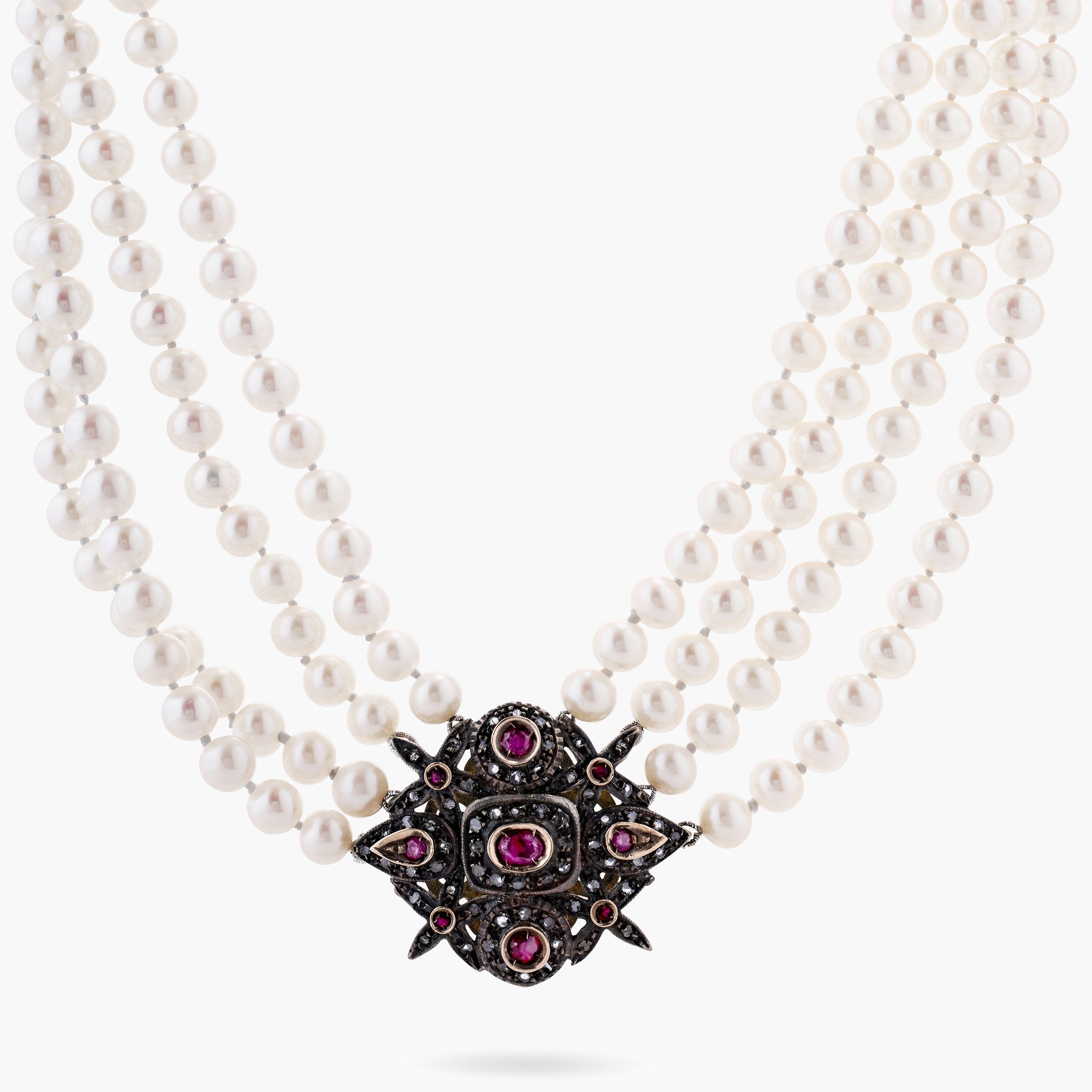 Diamond&ruby 4 strand pearl necklace
