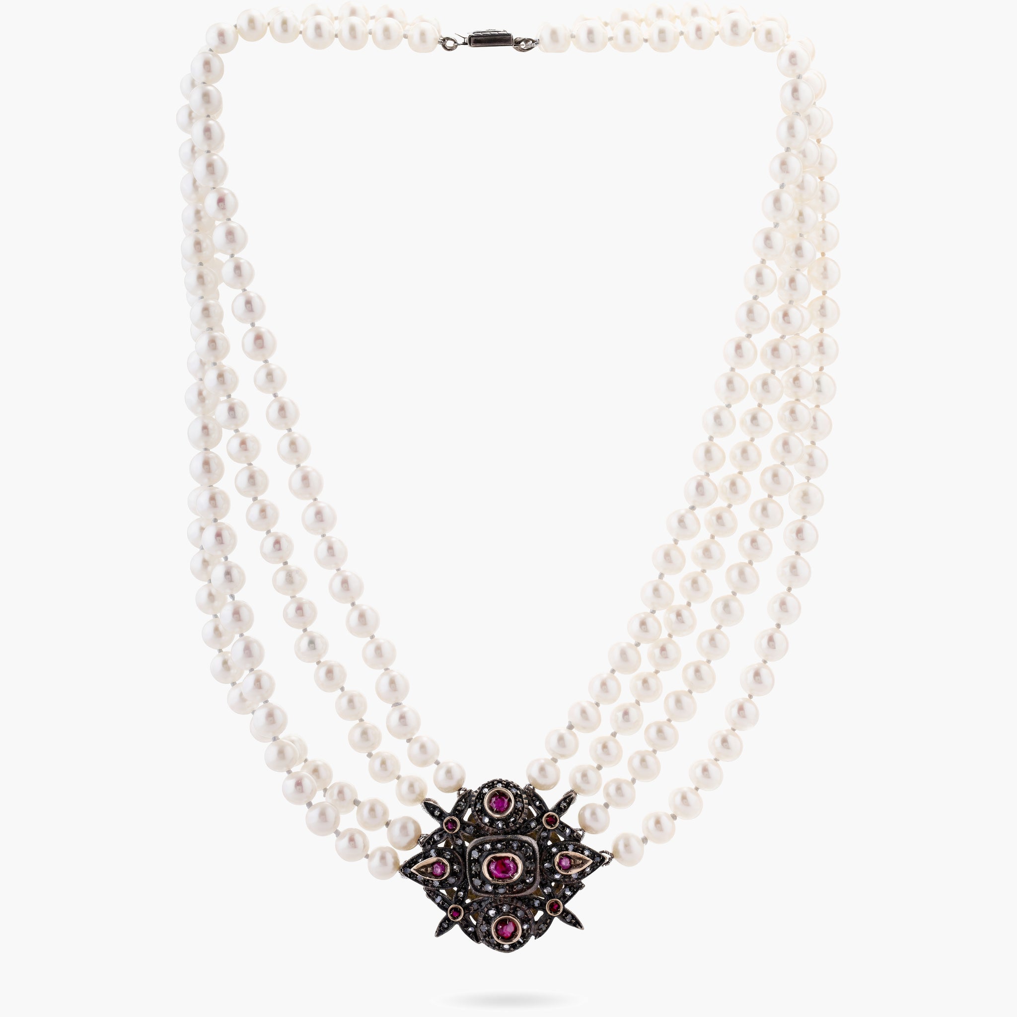 Diamond&ruby 4 strand pearl necklace