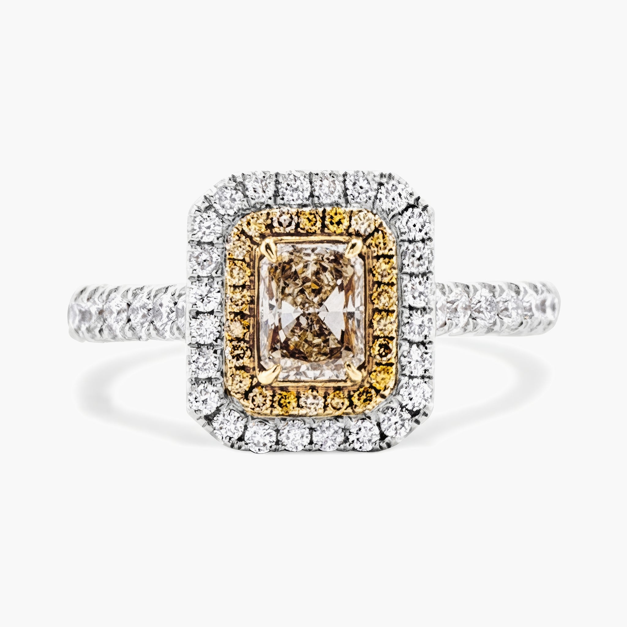 Fancy yellow radiant cut w yellow & white diamond halo